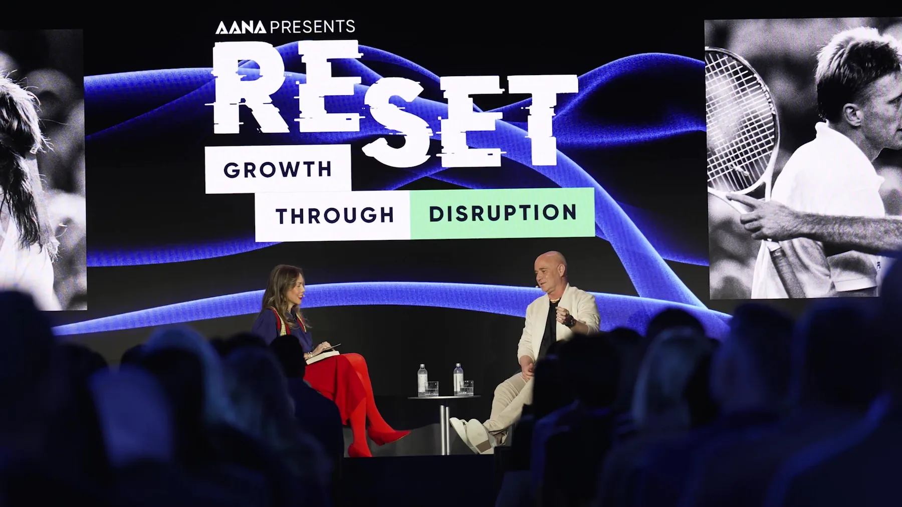 Andre Agassi on stage in conversation at RESET 2026 in Sydney, filmed by Zarco Creative