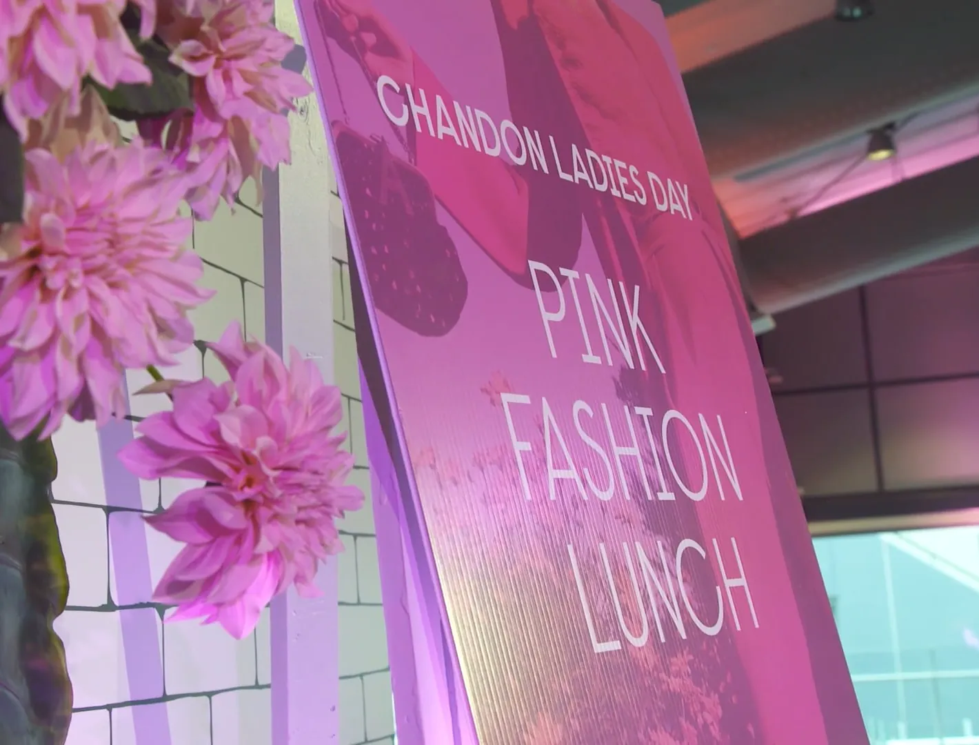 Model walking the runway at the Chandon Ladies Day Pink Fashion Lunch, filmed by Zarco Creative