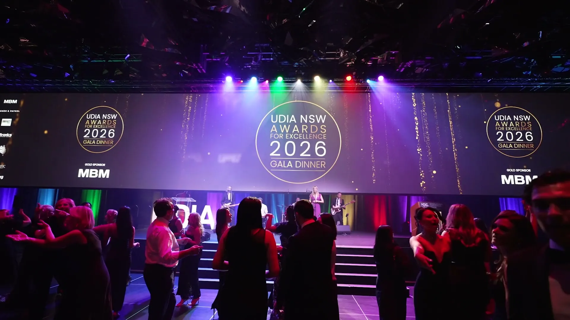 The stage and dance floor at the UDIA NSW Awards for Excellence Gala Dinner 2026, ICC Sydney, filmed by Zarco Creative