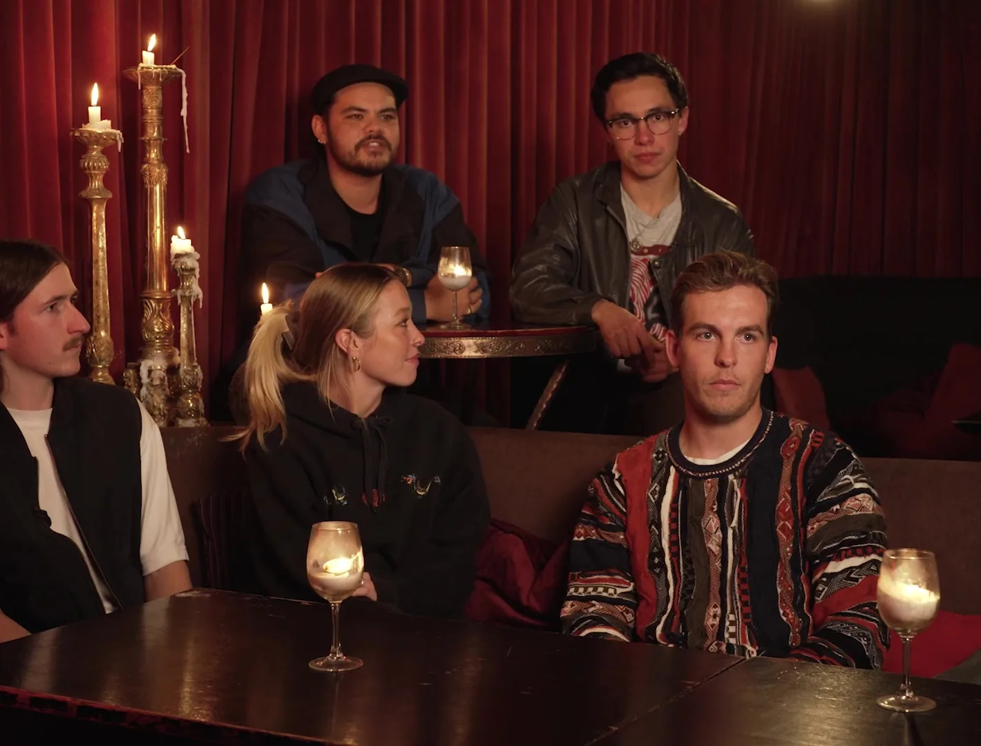 The band Velvet Bloom in conversation between sets, filmed by Zarco Creative